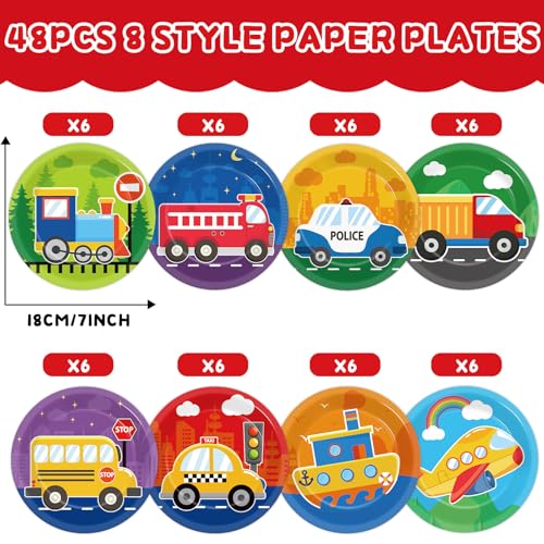 48-Pack Transportation Paper Plates - 7-Inch Car Birthday Party Tableware
