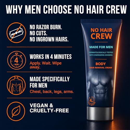 No Hair Crew Body At Home Hair Removal Cream for Manscaping Unwanted Hair with Energizing Ginseng, Premium Depilatory, Painless & Flawless, Made for Men, 200ml