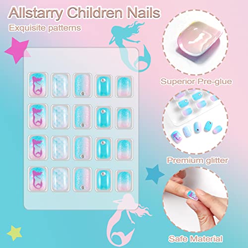 Allstarry 124 Piece Blue Mermaid Press-On Nails for Kids