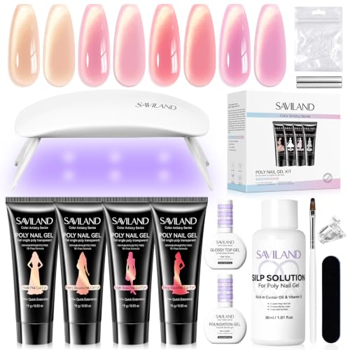 SAVILAND Cat-Eye Poly Gel Nail Kit - 4 Pink Colors with UV Lamp & Tools, Model 03-4