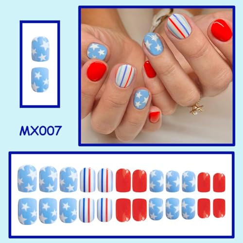 Rdntbeu 40 Style 24Pcs 4th of July Star Press On Nails, Short Square Patriotic False Nails