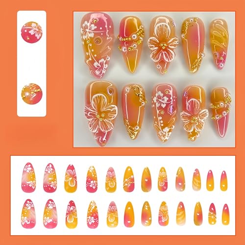 3D Embossed Hibiscus Press On Nails - Orange Pink Gradient, 24pcs