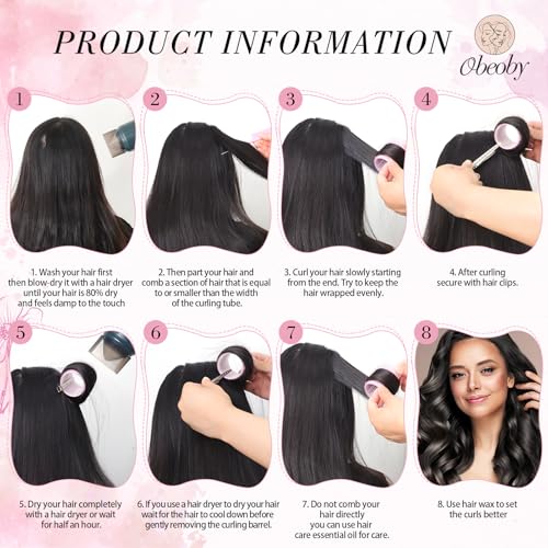 4 Sizes Self-Grip Hair Rollers Set for Long, Short Hair and Bangs - 50 Pcs with Clips (25mm, 36mm, 48mm, 60mm), Pink