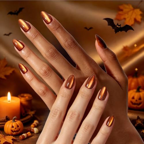 Beetles Cat Eye Press On Nails Short Almond Pumpkin Spice Halloween 3A Burnt Caramel S