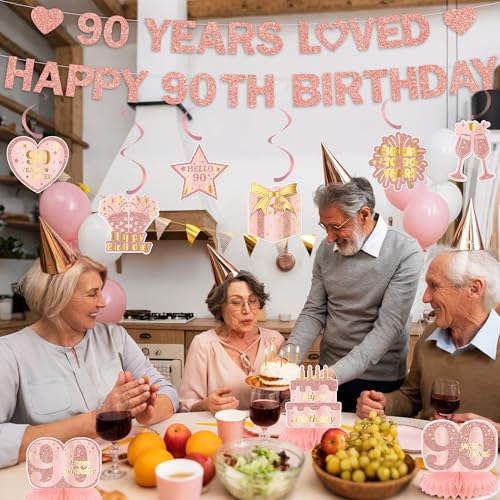 Rose Gold 90th Birthday Decorations Set for Women - 9 Pieces
