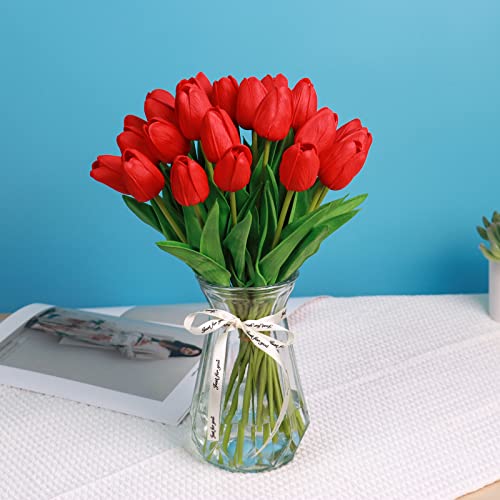 10 Red Faux Tulips - Realistic Artificial Flowers for Home Decor
