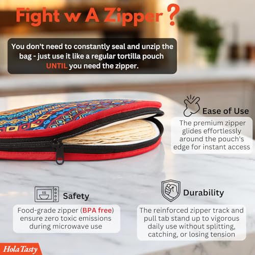 Insulated Tortilla Warmer Pouch - 12 Inch Zippered Holder for 10" Tortillas