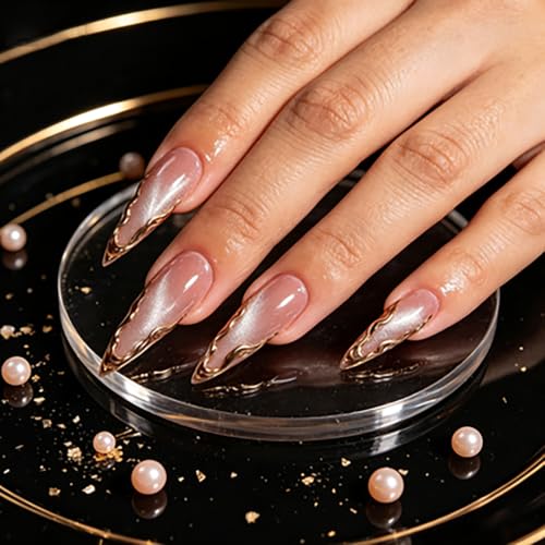 YQSWSTL Almond Cat Eye Press-On Nails Long Gold Edge Model QKS-BT-017-11