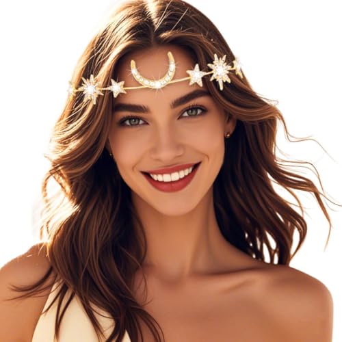 Gold Star Moon Headband with Rhinestones and Crystal Head Chain for Weddings