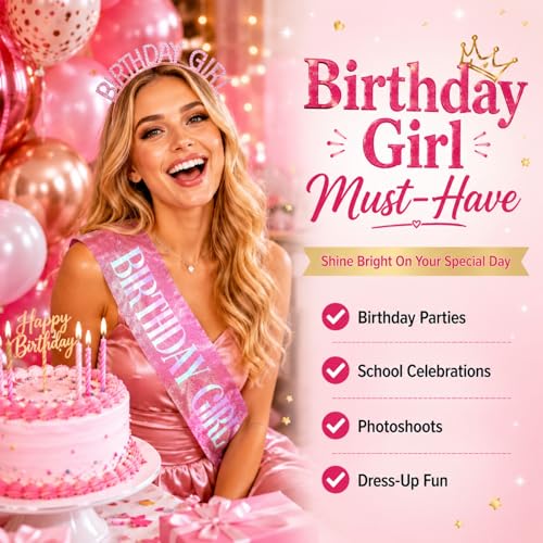 Pink Glitter Birthday Sash and Rhinestone Tiara Set for Women
