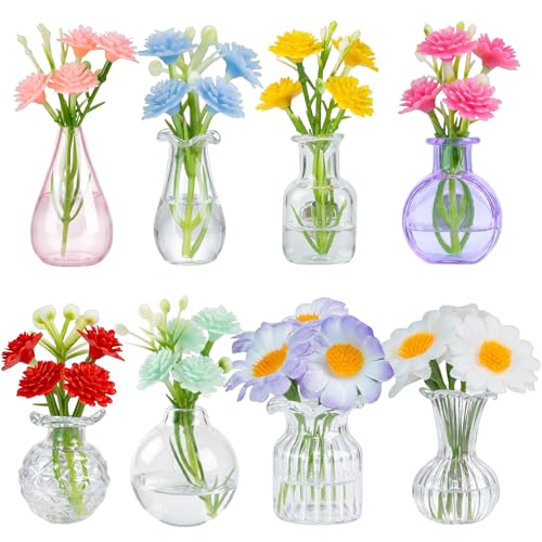 Mini Glass Vase Magnets with Artificial Flowers - Set of 8