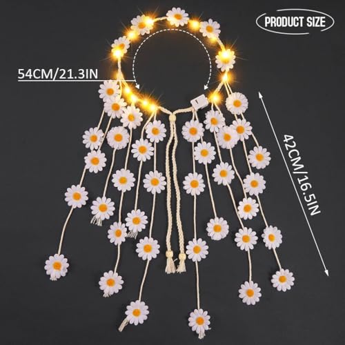 CAKURE White Boho Daisy Headband Light Up Flower Hair Accessory for Women