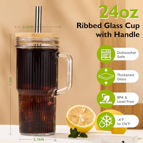 JunVpic 24 oz Glass Tumbler with Bamboo Lid & Handle - Iced Coffee, Smoothies, Tea