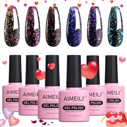 AIMEILI Galaxy Paranoid Gel Nail Polish Set - 6 Piece Clear Glitter Kit
