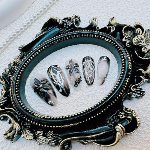 Colorful Gothic Press-On Nails Set with 3D Flowers & Chains - Medium Almond Black Silver for Women