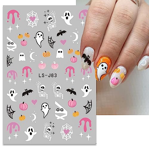 FUKIDOG Cute Halloween Nail Art Stickers Ghost Pumpkin Bat 3D Self-Adhesive Decals for Women & Kids - Halloween DIY Manicure Supplies, 6 Sheets