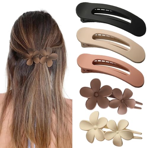 ZUTML 5 Pack Large Flat Hair Clips for Women Girls Brown & White Non-Slip Barrettes