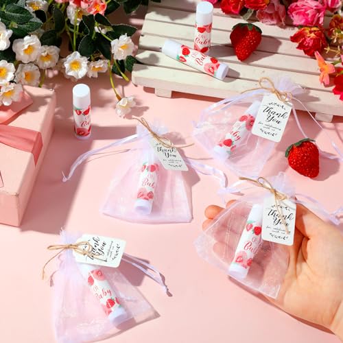 50-Pack Strawberry Lip Balm Favors with Organza Bags, Thank You Cards for Baby Shower & Gender Reveal