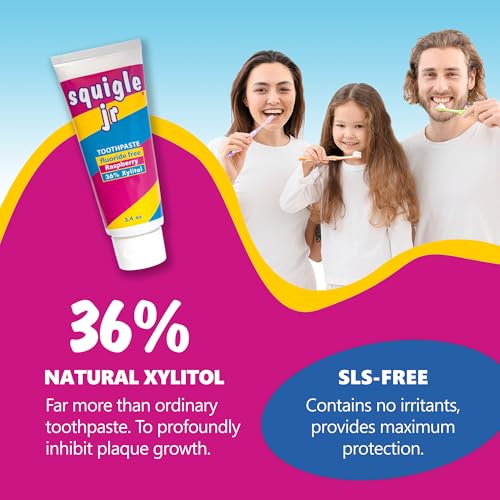 Squigle Jr Kids Raspberry Fluoride-Free Toothpaste 3.4oz – Xylitol, Low Foam, Gentle Oral Care