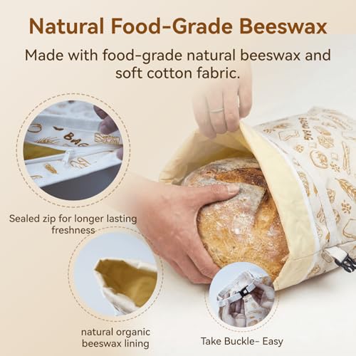 Reusable Beeswax Bread Bags - 2 Pack XL Organic Cotton Sourdough Storage