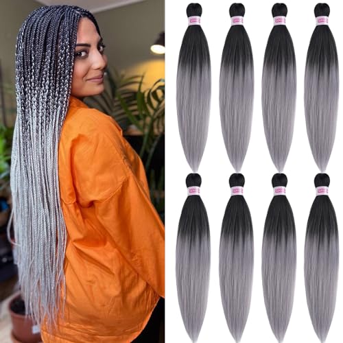 SIXERSI 26 Inch Grey Ombre Pre Stretched Braiding Hair Extensions Pack of 8 for Knotless Braid Styles