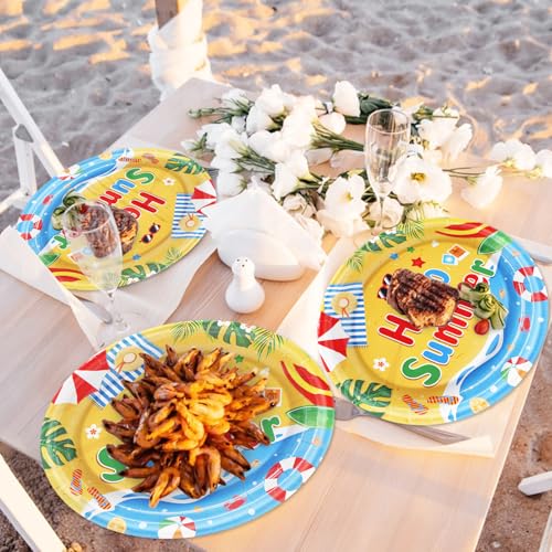 Hello Summer Oval Paper Plates - 50 Pack, 9" x 11" Disposable Beach Party Plates