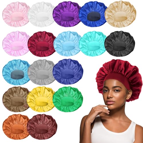 WLLHYF Multicolored Satin Bonnet for Sleeping, Large Wide Band Hair Wrap, Set of 18