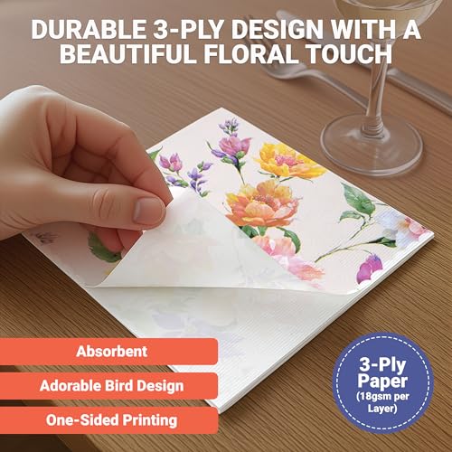 Decorably 100 Pack Floral Cocktail Napkins | 3-Ply 5x5in Spring Designs