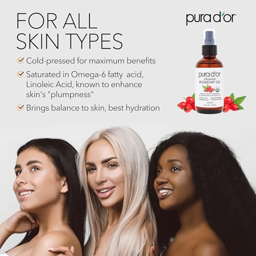 PURA D'OR ORGANIC Rosehip Seed Oil 100% Pure Cold Pressed USDA Certified For Hair, Skin, Scalp, Anti Aging Face & Body - Hexane Free Glass Bottle - 4 Oz - Hair Regrowth Tonic