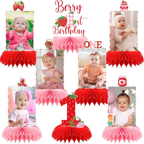 Berry First Birthday Honeycomb Decorations - 8 Pcs Table Topper Set