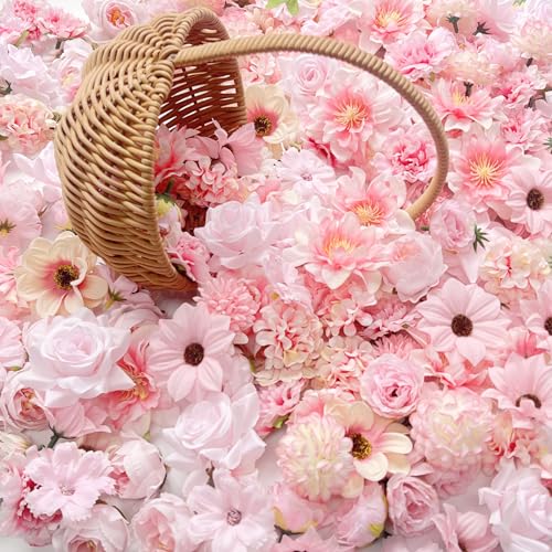 Artificial Pink Silk Rose Flower Heads - 50 Pack for DIY Crafts