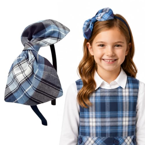 ClassExceed School Headband with Plaid Bow - Clear Blue White Navy, Back-to-School Hair Accessory