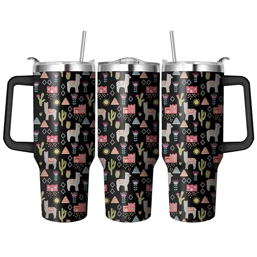 40 Oz Stainless Steel Llama Tumbler with Handle & Straw