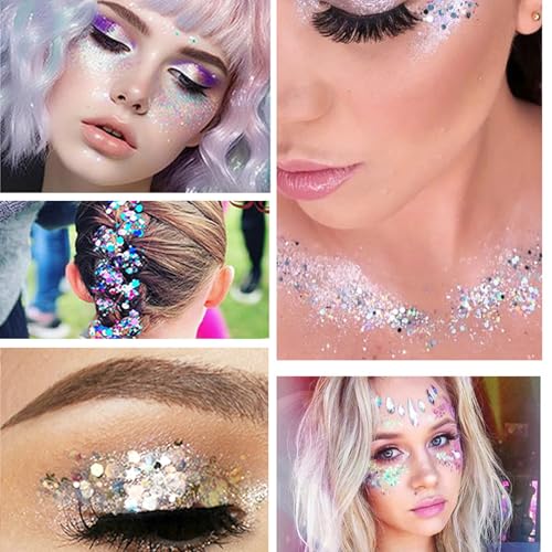 SeleneTenderaes Three-Color Body Glitter Gel 150ml White Pink Silver (Self-Adhesive) For Face Hair Nails