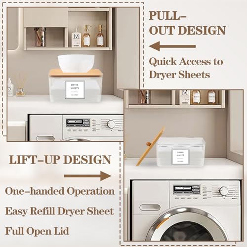 Clear Dryer Sheet Holder with Bamboo Lid & Labels - 2-in-1 Dispenser