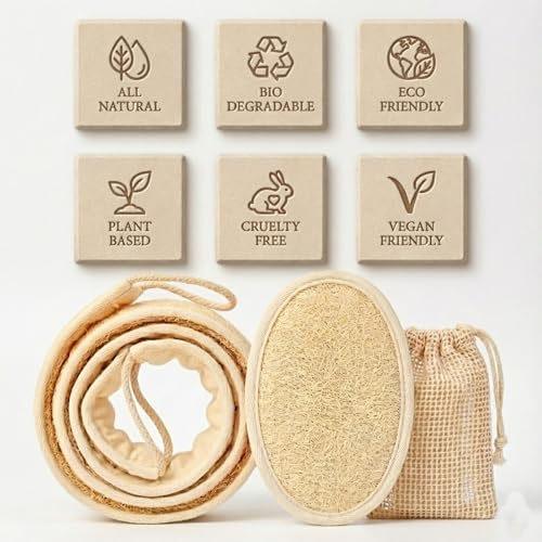2-Pack Natural Loofah Back Scrubber Set with Exfoliating Body Loofah and Soap Bag