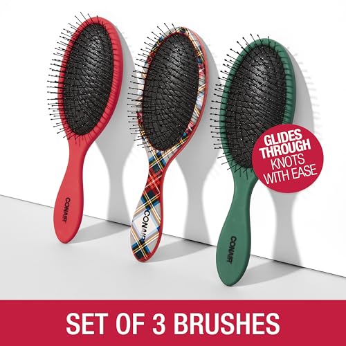 Conair Detangling Hair Brush Set – 3 Pack Tartan, Red, Green for All Hair Types