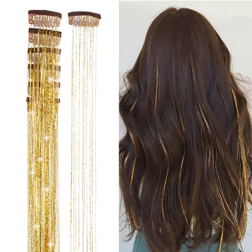 Clip-In Hair Tinsel Extensions Bronze Highlights 20.5in 6pcs - Synthetic Fairy Hair for Party & Cosplay