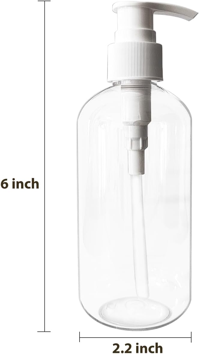 Empty Plastic Pump Dispenser Bottles - 8 oz Clear/White | Refillable Containers for Body Wash, Moisturizer & Liquid Soap