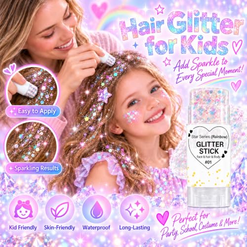 01Rainbow Rainbow White Hair Glitter Stick for Kids & Adults - Face, Body & Hair Sparkle