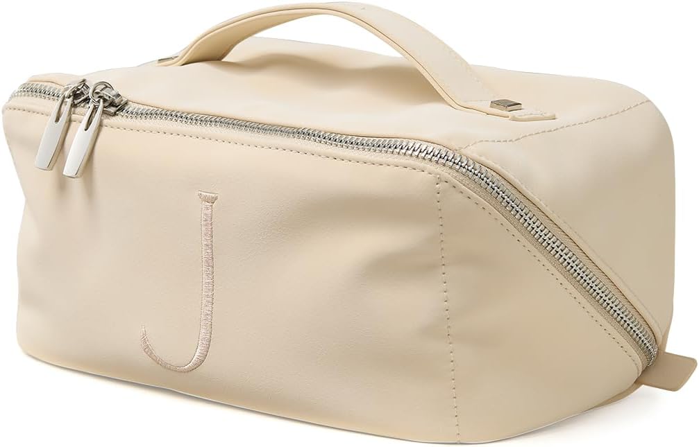Travel Makeup Bag - Large Capacity Waterproof PU Leather Cosmetic Organizer | Flat Open Design for Skincare & Brushes