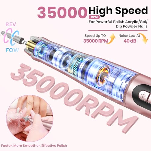 Hoxida Cordless Nail Drill 35000RPM - Rechargeable Electric Nail File, Rose Gold
