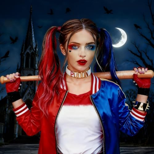 Mysense Halloween Costume Kit: Red & Blue Clip-In Hair Extensions + Face Paint Sticks + Black Heart Eyeliner Stamp (Set3)
