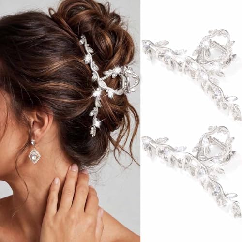 Large Silver Rhinestone Claw Clips - Sparkly Metal Hair Accessories (2 Pack)