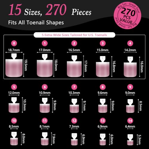 QIEK Graduated Pink French Tip Press On Toenails - 270 Pcs Square