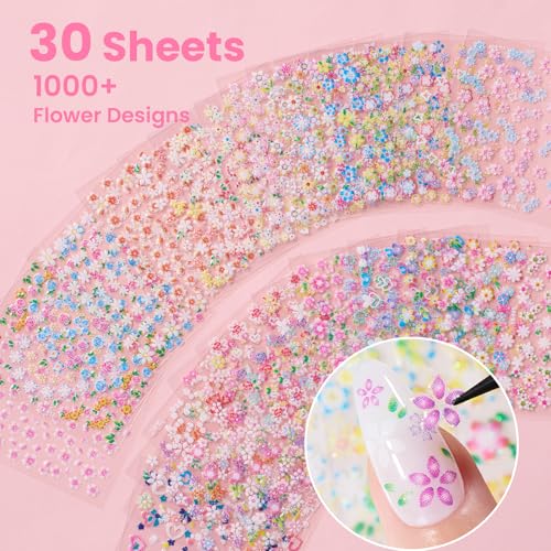 30 Sheets 3D Flower Nail Art Stickers - Self-Adhesive Nail Decals