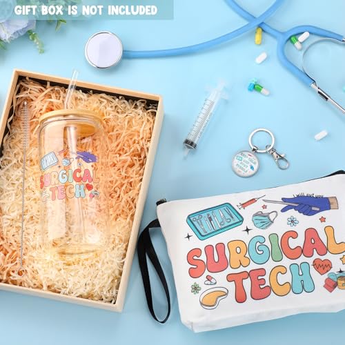 Kacctyen Surgical Tech Gifts Set - 3 pcs Appreciation Makeup Bag, Glass Cup, Keychain