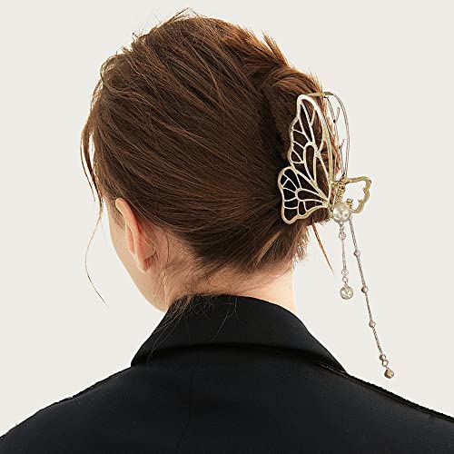 DonLeeving Butterfly Tassel Hair Clips 4 Pack - Big Gold Non-slip Claw Accessories for Women & Girls