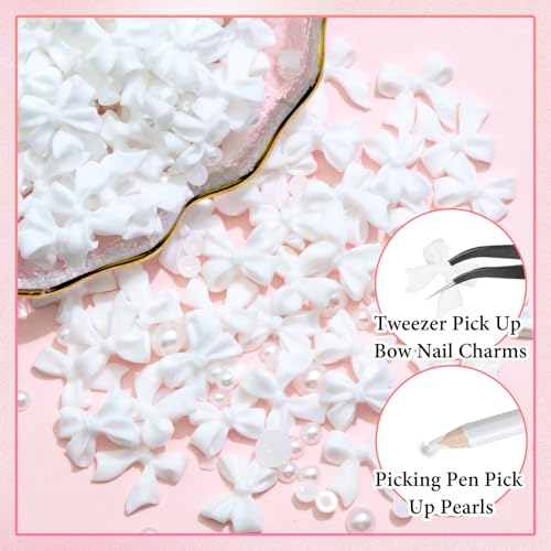 RODAKY White Bow Knot Nail Charms & Flatback Pearls 300Pcs for Nail Art DIY