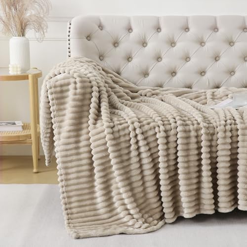Khaki Striped Throw Blanket - Soft Plush Fleece 50x60 Inches